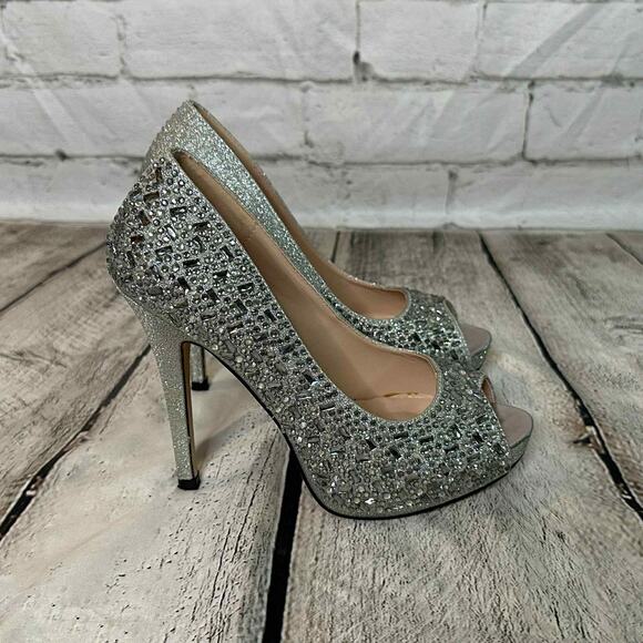 D10 De Blossom Collection Silver Glitter Peep-Toe Heels, Size 6, Pre-owned - Picture 4 of 7